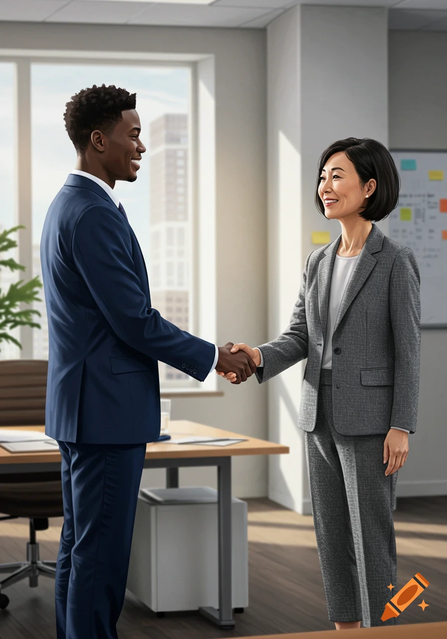 A Black man and an Asian woman in business suits shake hands in a modern office.