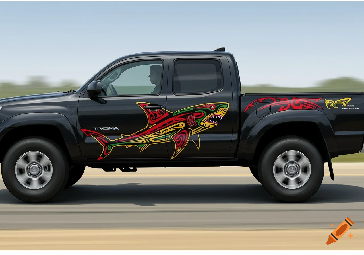 A black pickup truck with a large, colorful Polynesian tribal shark decal on its side drives along a road.