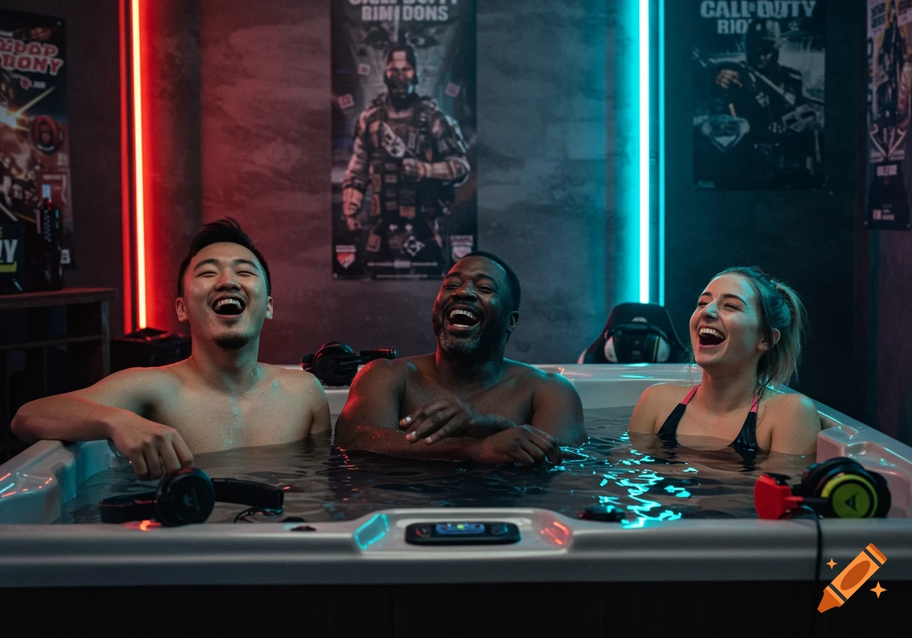 Three laughing people, two men and one woman, in a hot tub in a room with neon lights and game posters. Photorealistic style.