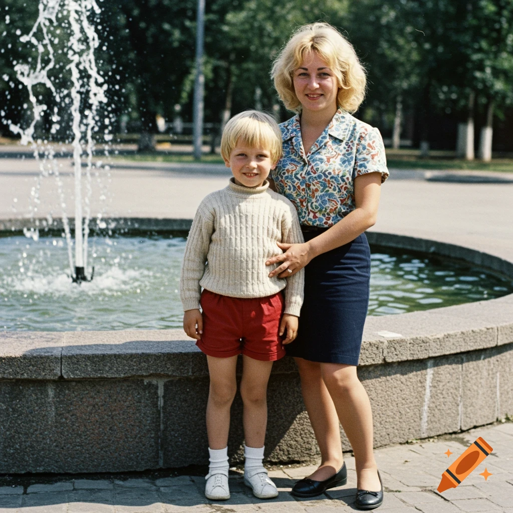 A blonde mother and her young son with blonde hair stand smiling beside a water fountain in a 1980s-style photo.