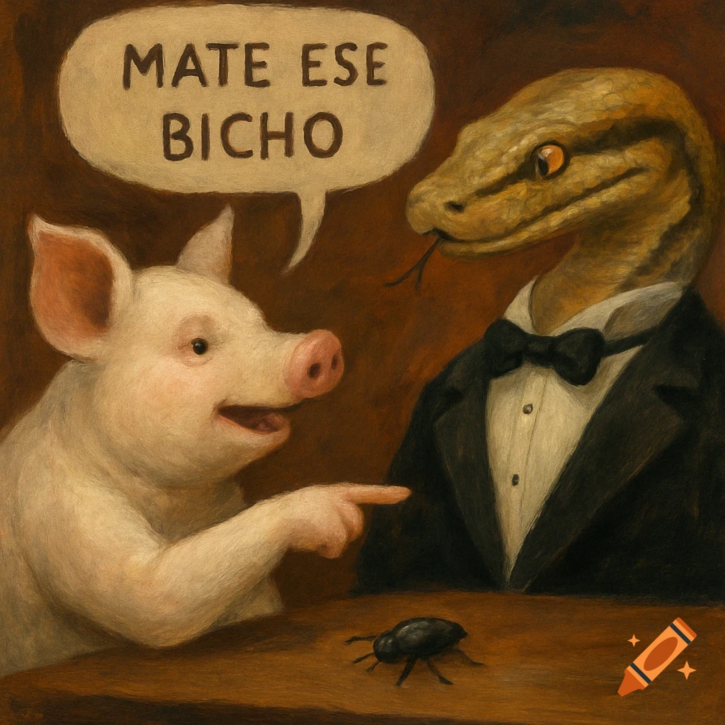 A stylized painting of a pig pointing at a bug on a table, speaking to a snake in a tuxedo with a speech bubble that says 'MATE ESE BICHO'.