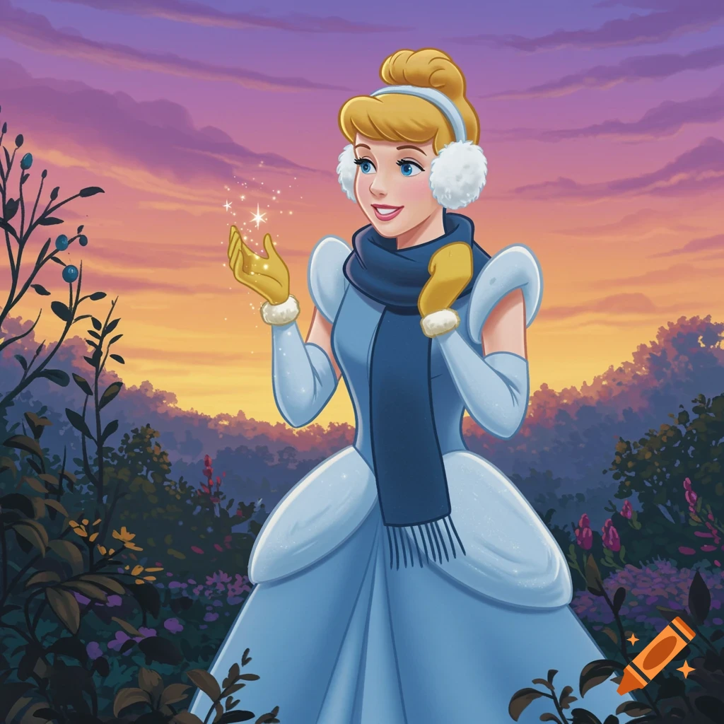 Cinderella in a light blue dress, white earmuffs, dark blue scarf, and yellow mittens, holding out her hand with sparkling magic at sunset in 2D digital art.