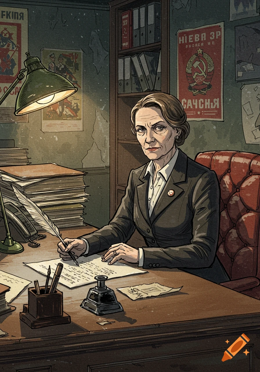 A stern middle-aged woman sits at a desk in a dim, cluttered office, writing with a quill pen. Propaganda posters adorn the walls in a scratchy pen and ink style.