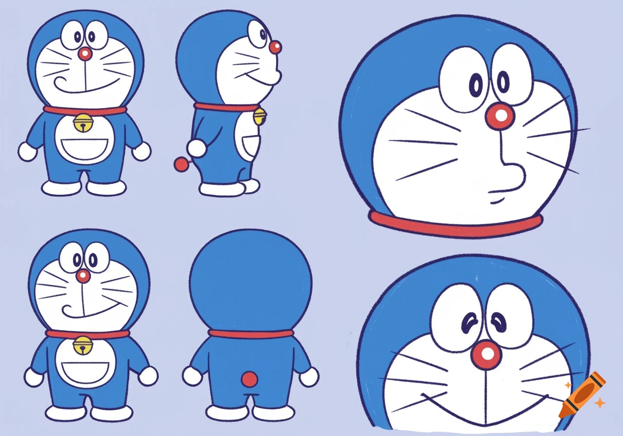 Multiple simple, hand-drawn digital illustrations of Doraemon from various angles and a close-up of his face on a blue background.