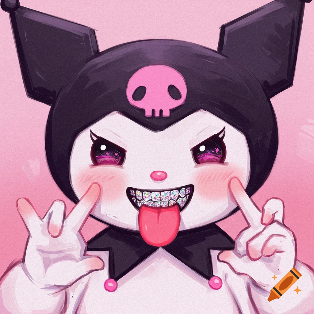Close-up of Kuromi, a black and white cartoon character, sticking her tongue out, showing shiny diamond grills, and making a rock hand sign.