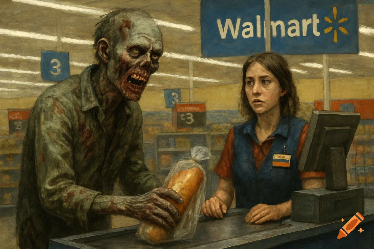 A stylized painting of a zombie buying bread from a concerned cashier at a Walmart.