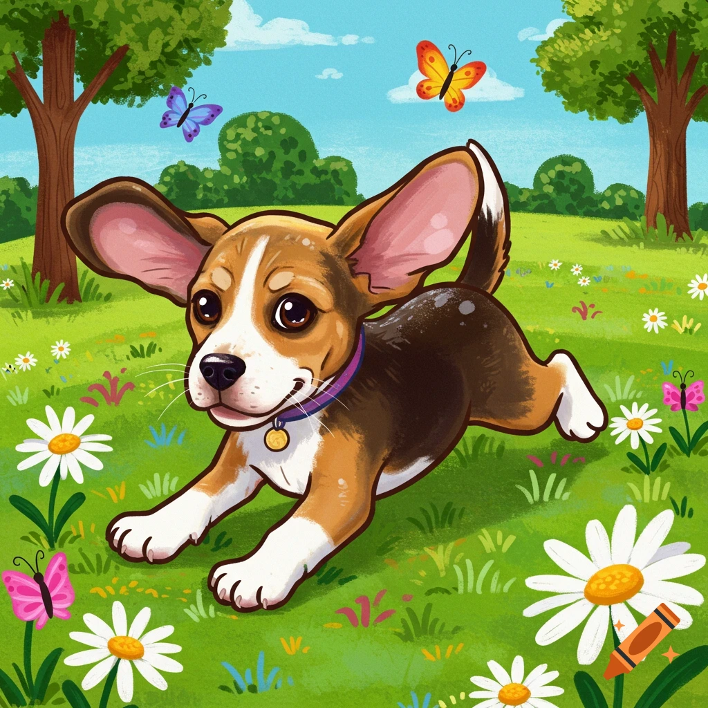 A playful cartoon beagle puppy with large ears runs through a field of white daisies with butterflies under a blue sky.