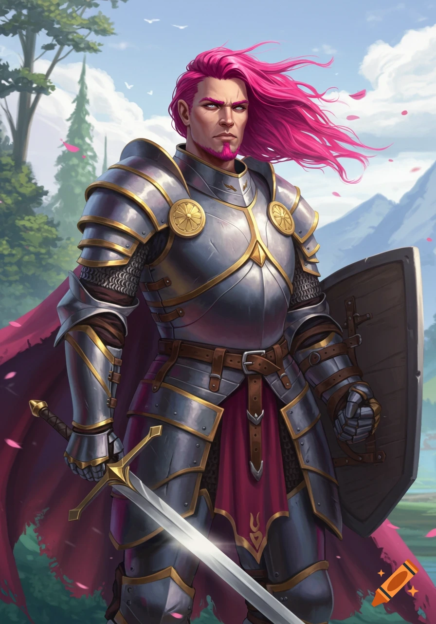 A human male paladin with long pink hair and a beard, wearing silver and gold armor, holding a sword and shield in a fantasy landscape.
