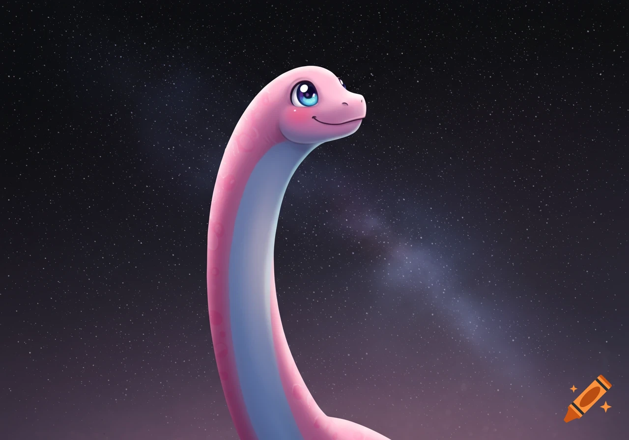 A cute, pink, long-necked dinosaur-like creature with blue eyes stares hopefully at a starry night sky.