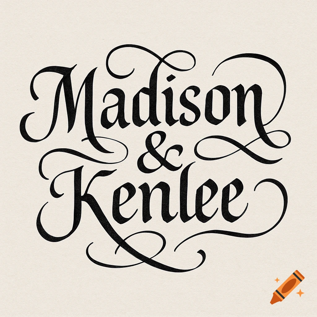 Ornate black calligraphy spelling 'Madison & Kenlee' with decorative flourishes on a light background.