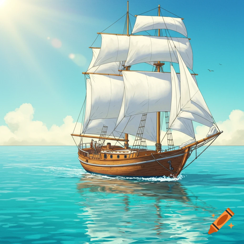 A wooden sailboat with white sails glides across calm blue-green ocean water under a sunny sky with wispy clouds.