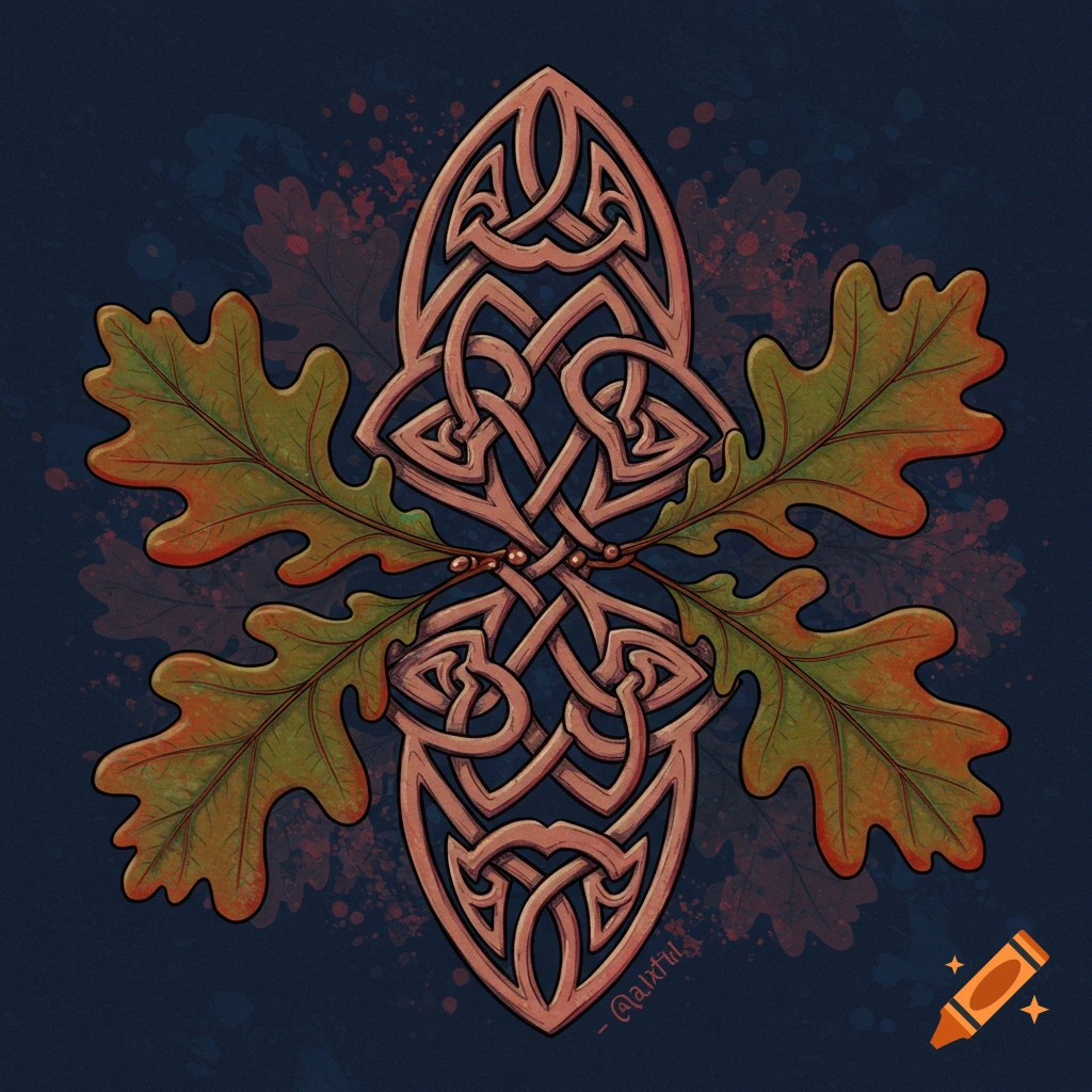 A detailed Celtic knot design shaped like an acorn, flanked by two oak leaves, on a dark textured background.