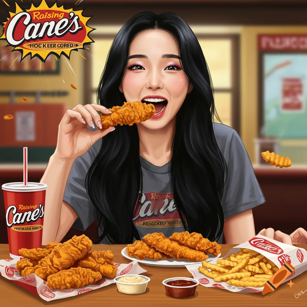 An illustration of a young woman eating fried chicken and fries at a Raising Cane's restaurant.