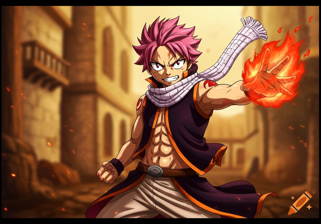 An anime character with pink spiky hair, an open dark vest, and a white scarf, extending a fiery hand in an urban fantasy setting.