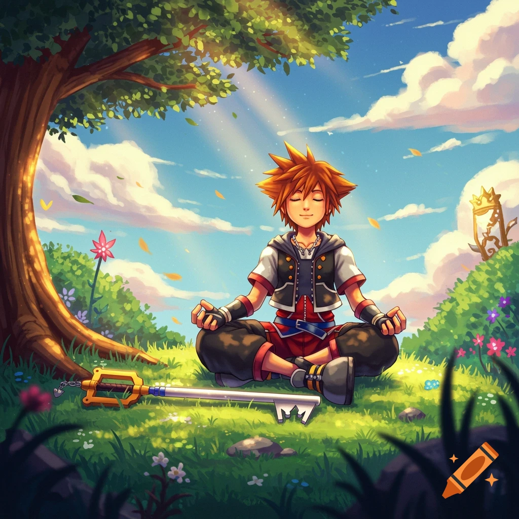 Sora from Kingdom Hearts meditates under a sunny tree in a vibrant, grassy field with his Keyblade.