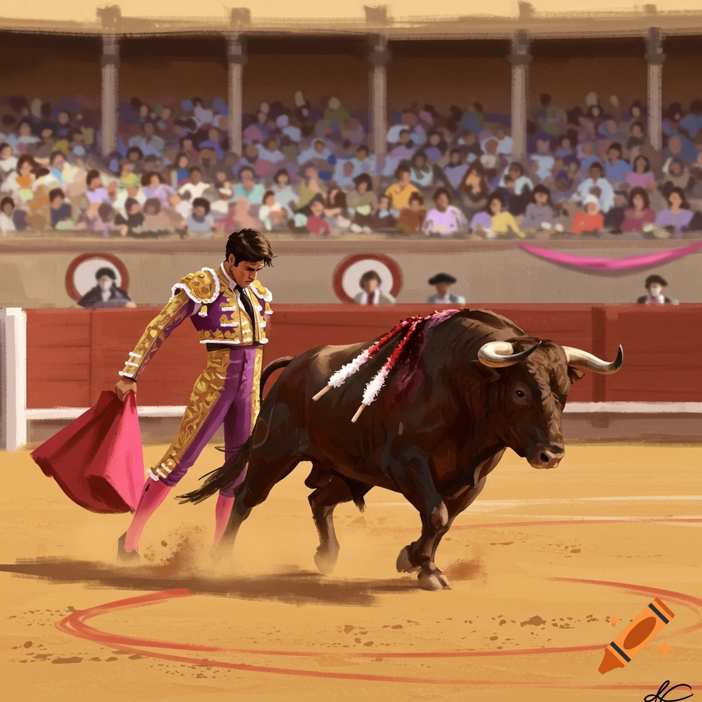 A matador in colorful attire with a red cape faces a bull in a bullring with spectators in the background, illustrated.
