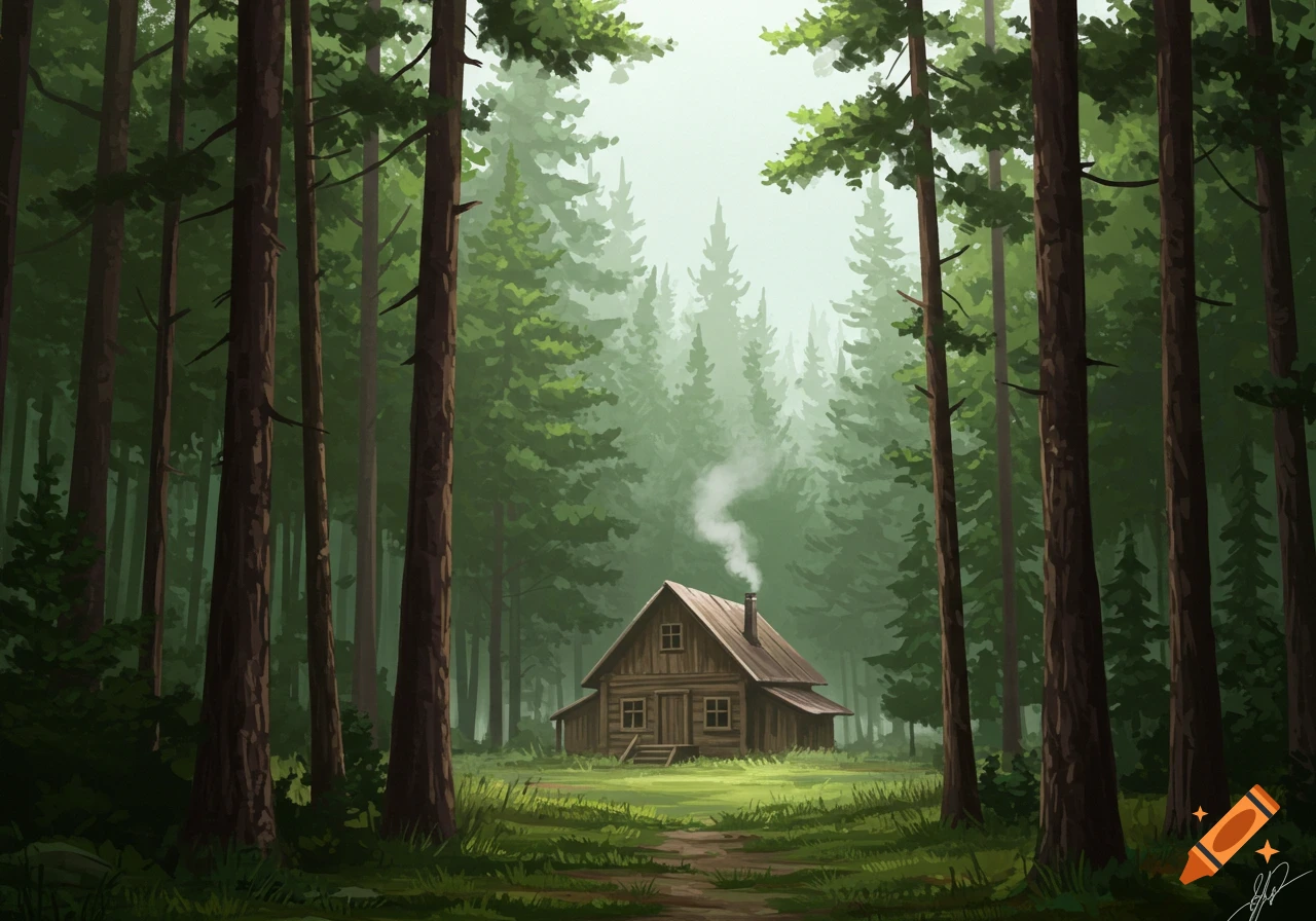 A rustic wooden cabin with smoke rising from its chimney, nestled deep within a dense, misty forest of tall pine trees.