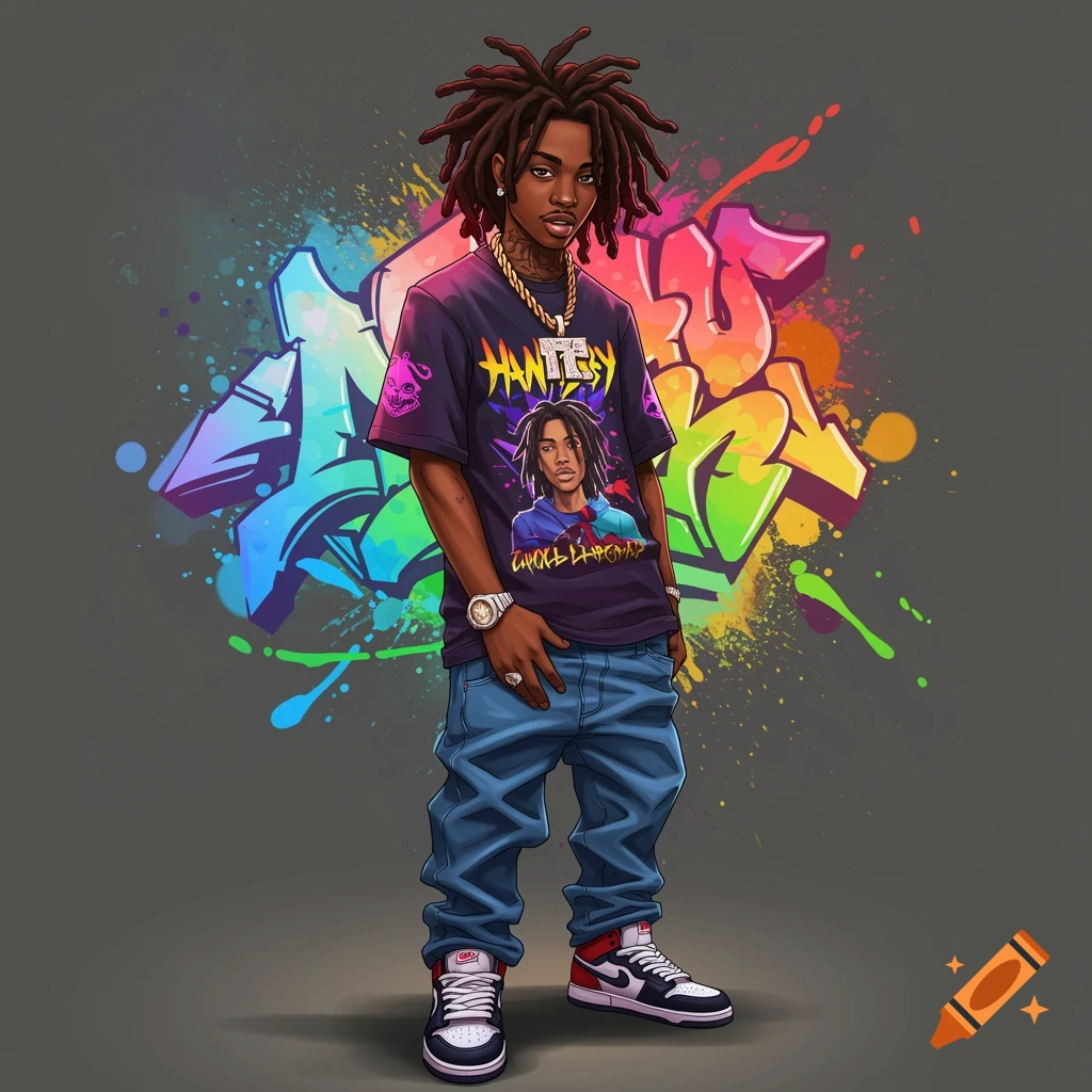A stylized cartoon illustration of a Black male rapper with dreadlocks, wearing a dark t-shirt with a graphic print, baggy jeans, and sneakers, standing in front of vibrant graffiti.
