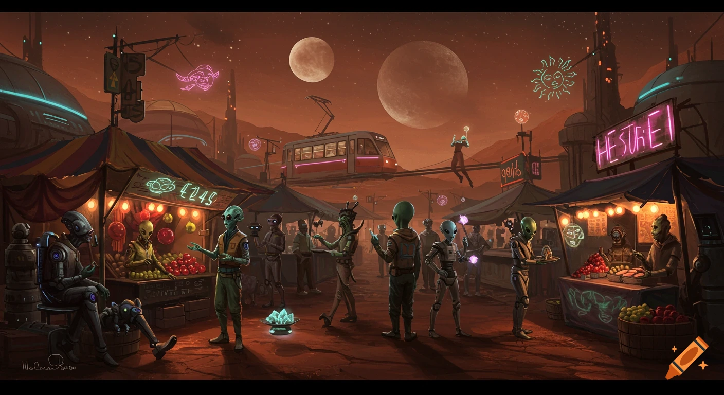A bustling Martian night market with various alien species and robots trading under neon signs and two large moons. A tram glides above.