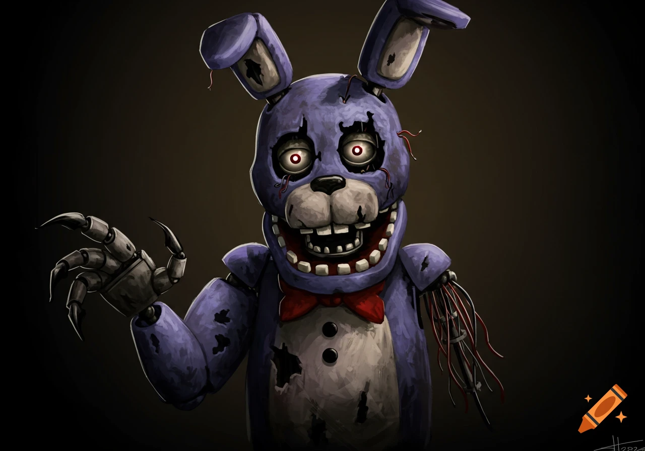 A menacing, torn purple animatronic rabbit with glowing red eyes, exposed wires, and a clawed hand, set against a dark background.