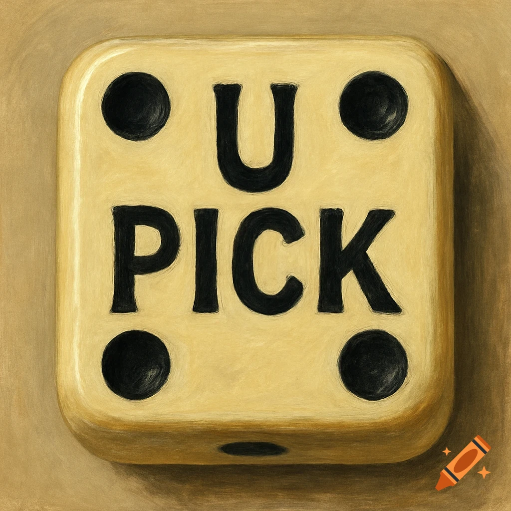 A cream-colored die with black pips and the words 'U PICK' in black text, viewed from above, with a painted texture.