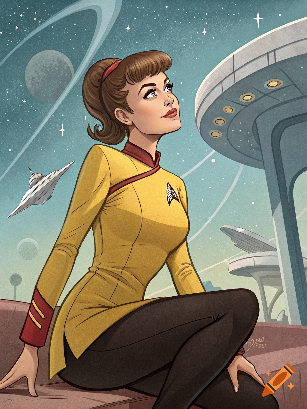 A woman in a yellow Starfleet uniform sits, looking up at a futuristic structure and planet in a retro sci-fi cartoon style.