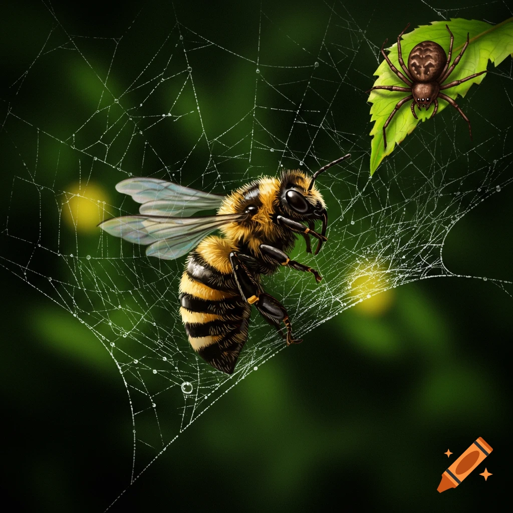 A detailed illustration of a bee caught in a dewy spider web, with a brown spider on a green leaf in the background.
