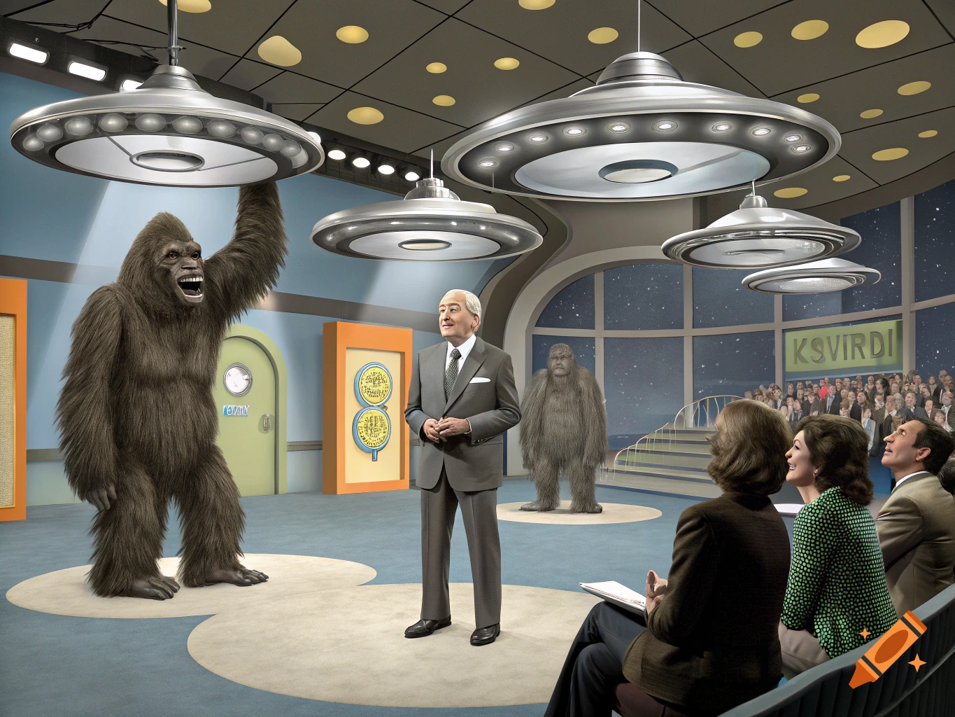 A large gorilla on a retro-futuristic TV show set with a man in a suit, audience, and flying saucer lights.