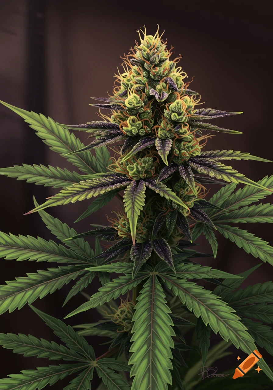 A detailed, close-up shot of a vibrant cannabis plant bud with green and purple leaves and orange hairs.