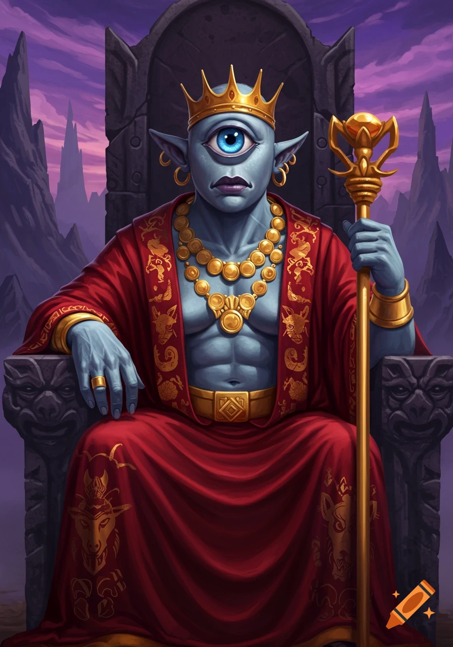 A regal blue cyclops with a golden crown and jewelry sits on