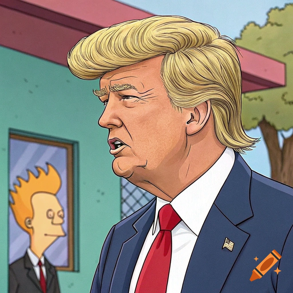 A cartoon caricature of Donald Trump with a serious expression, while Beavis is reflected in a window behind him.