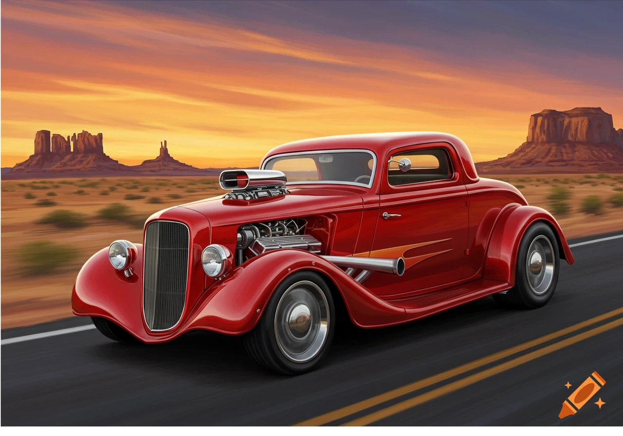 A vibrant red hot rod car with a large exposed engine drives on a desert road at sunset with rock formations.