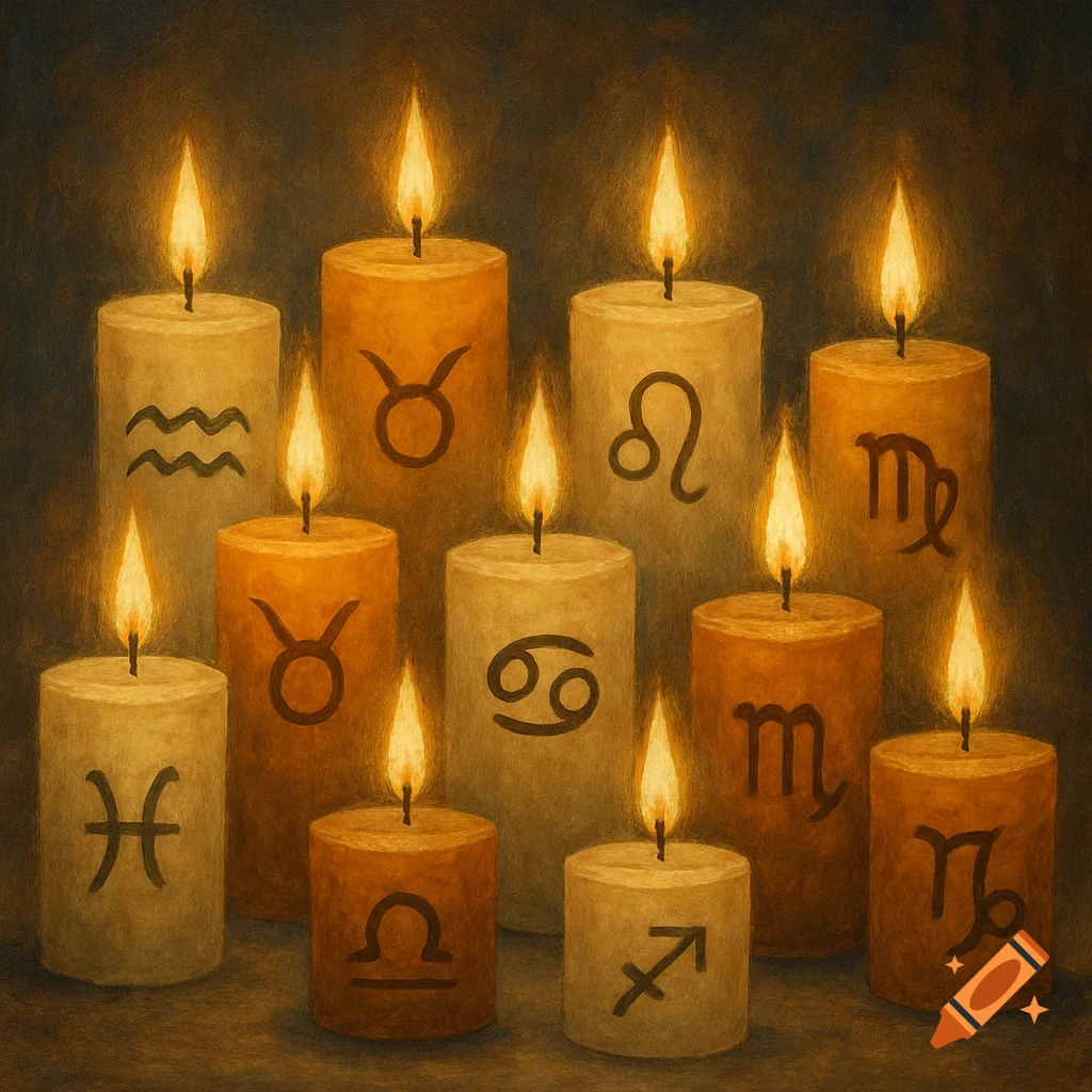 A dark, painterly image showing multiple lit candles, each with a different zodiac symbol etched into its side. The candles are arranged in a group.