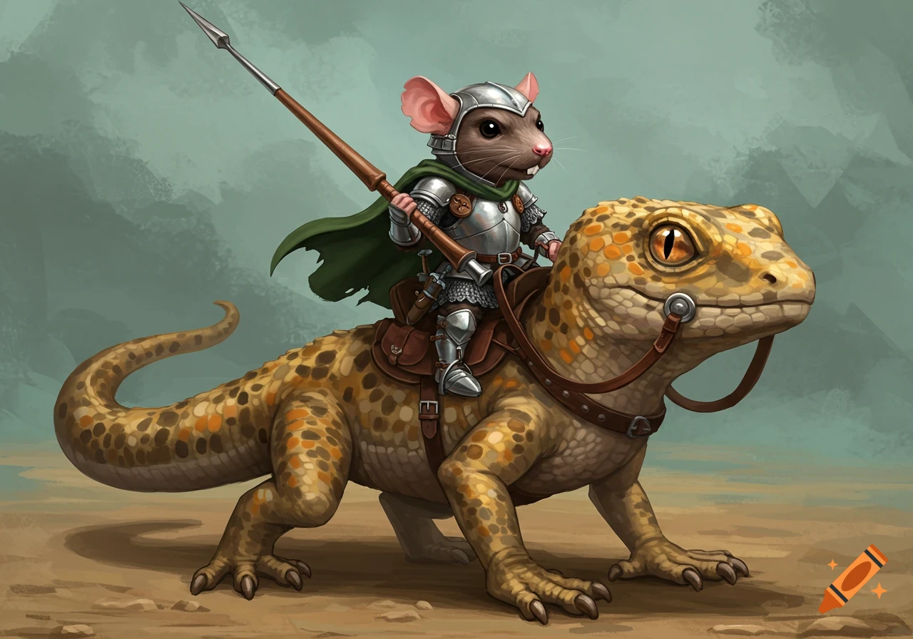 A cute humanoid ratling knight in chain mail armor rides a giant, spotted gecko war mount, holding a long lance in a digital painting.