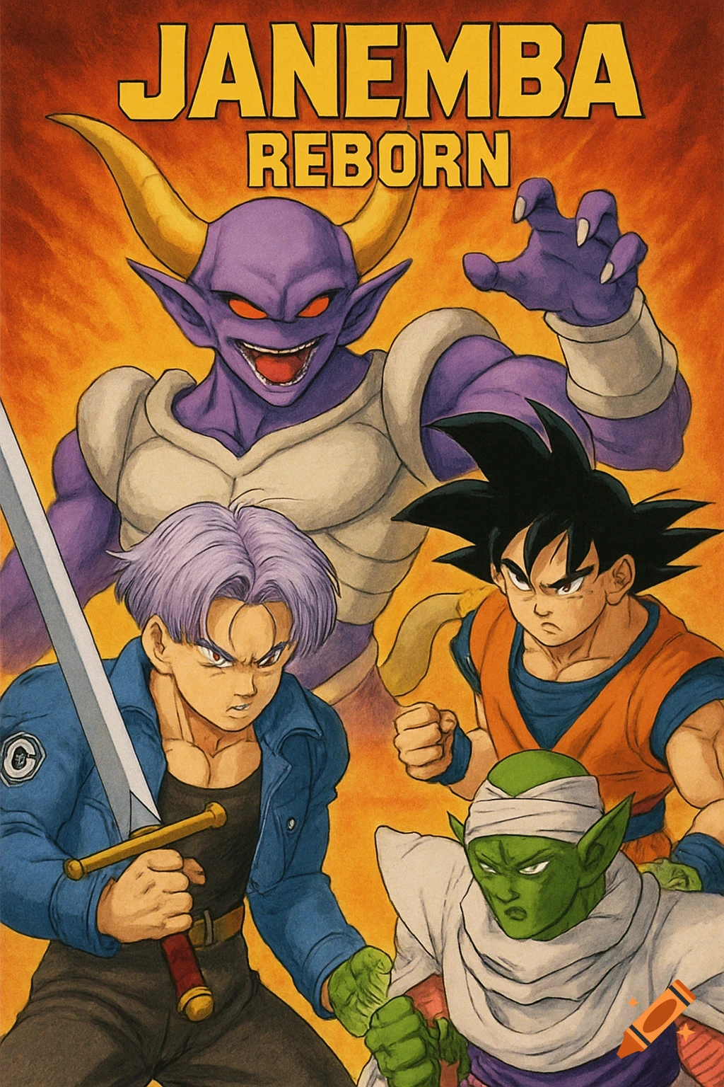 A 90s Dragon Ball Z movie poster featuring Janemba, Future Trunks holding a sword, Goku, and Piccolo, with 'JANEMBA REBORN' text.