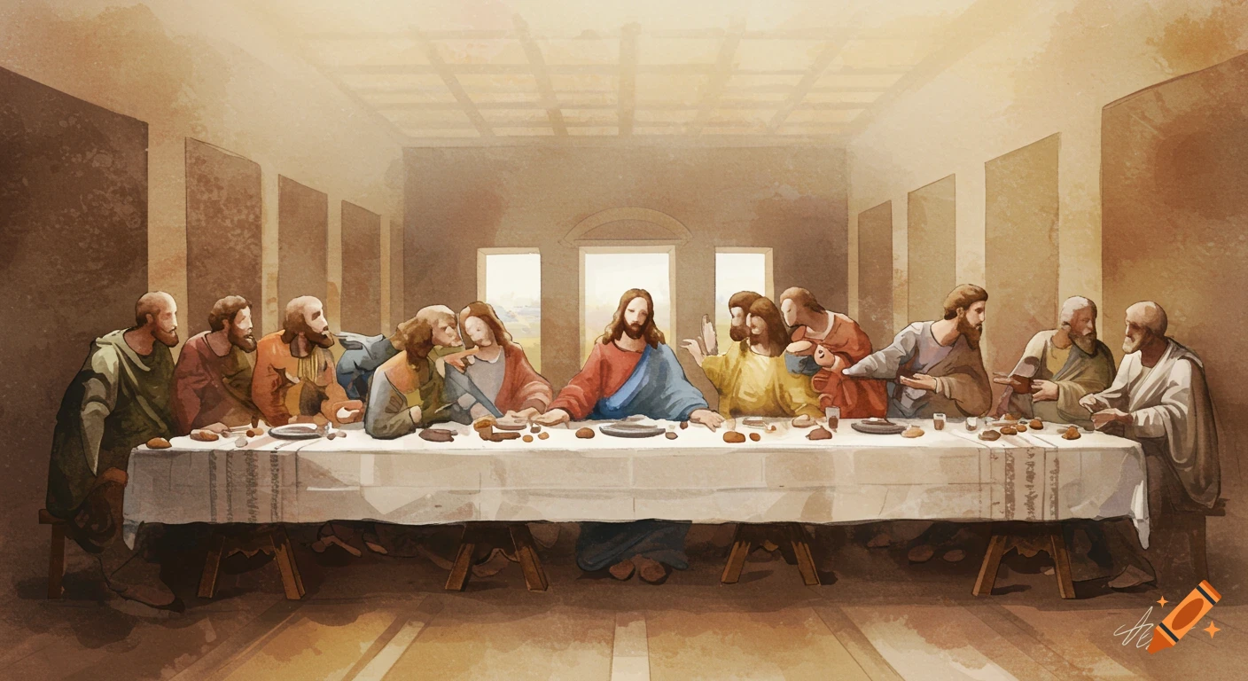 Abstract watercolor painting of the Last Supper with 13 figures seated at a long table in soft earth tones.