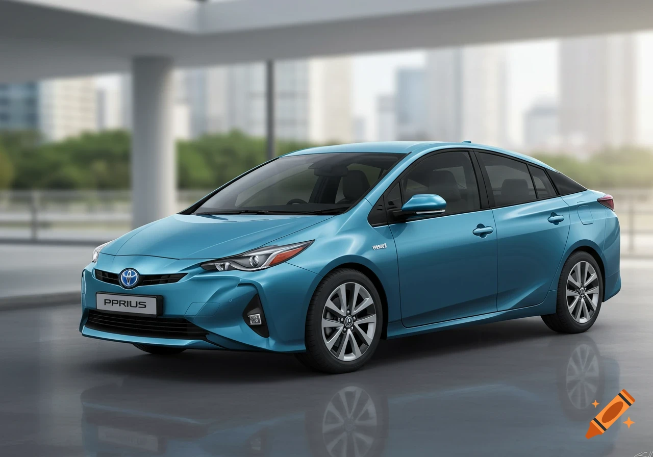 A teal blue Toyota Prius parked indoors with a blurred office building background.