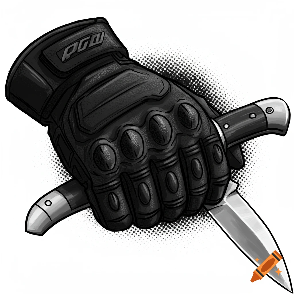 Black and white halftone illustration of a gloved hand holding a knife.