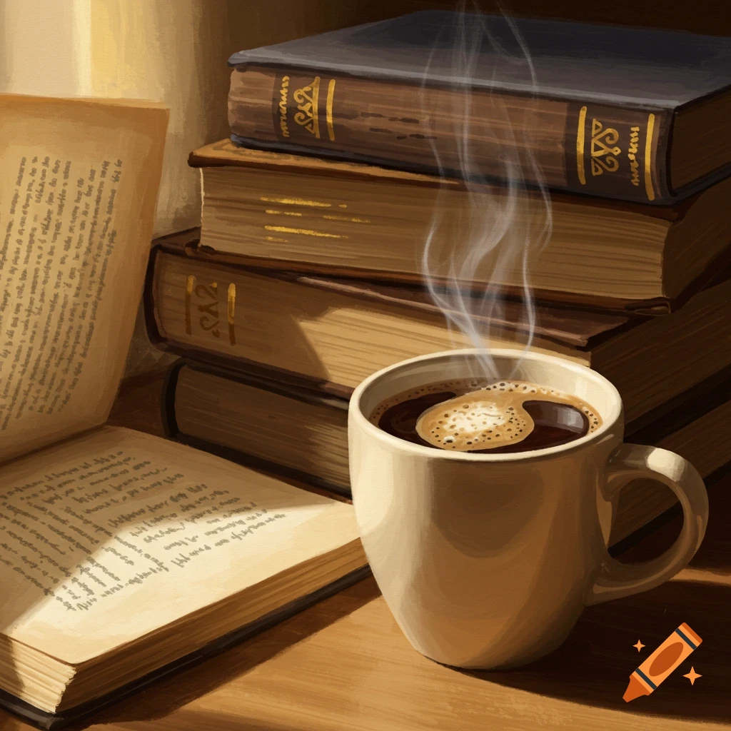A steaming mug of coffee sits next to an open book and a stack of closed books on a wooden table.