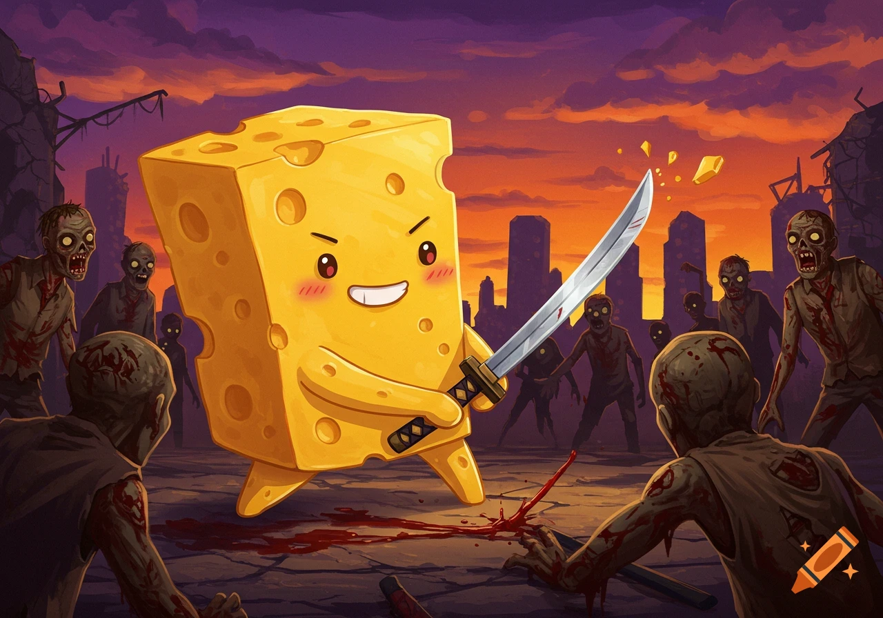 A cartoon wedge of cheese with a samurai sword fighting zombies in a post-apocalyptic cityscape at sunset.