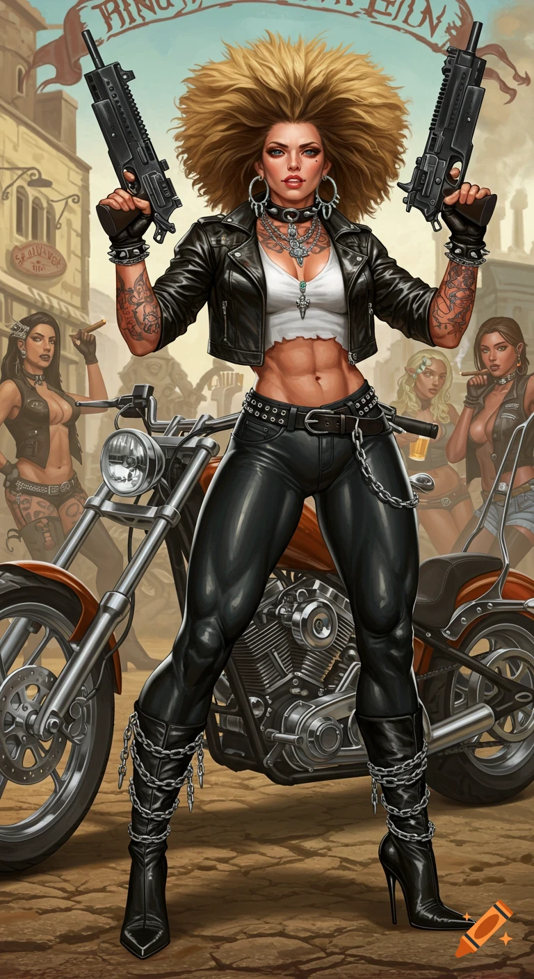 Illustration of a tall woman biker leader with wild blond hair and tattoos in a leather jacket, holding two guns in front of a chopper motorcycle.
