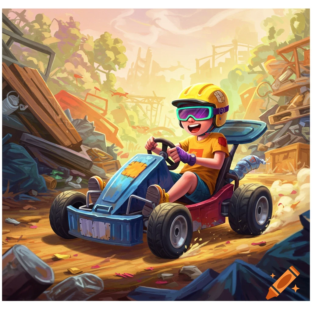 A cartoon boy in a yellow helmet and green goggles drives a blue and red go-kart through a junkyard at sunset.
