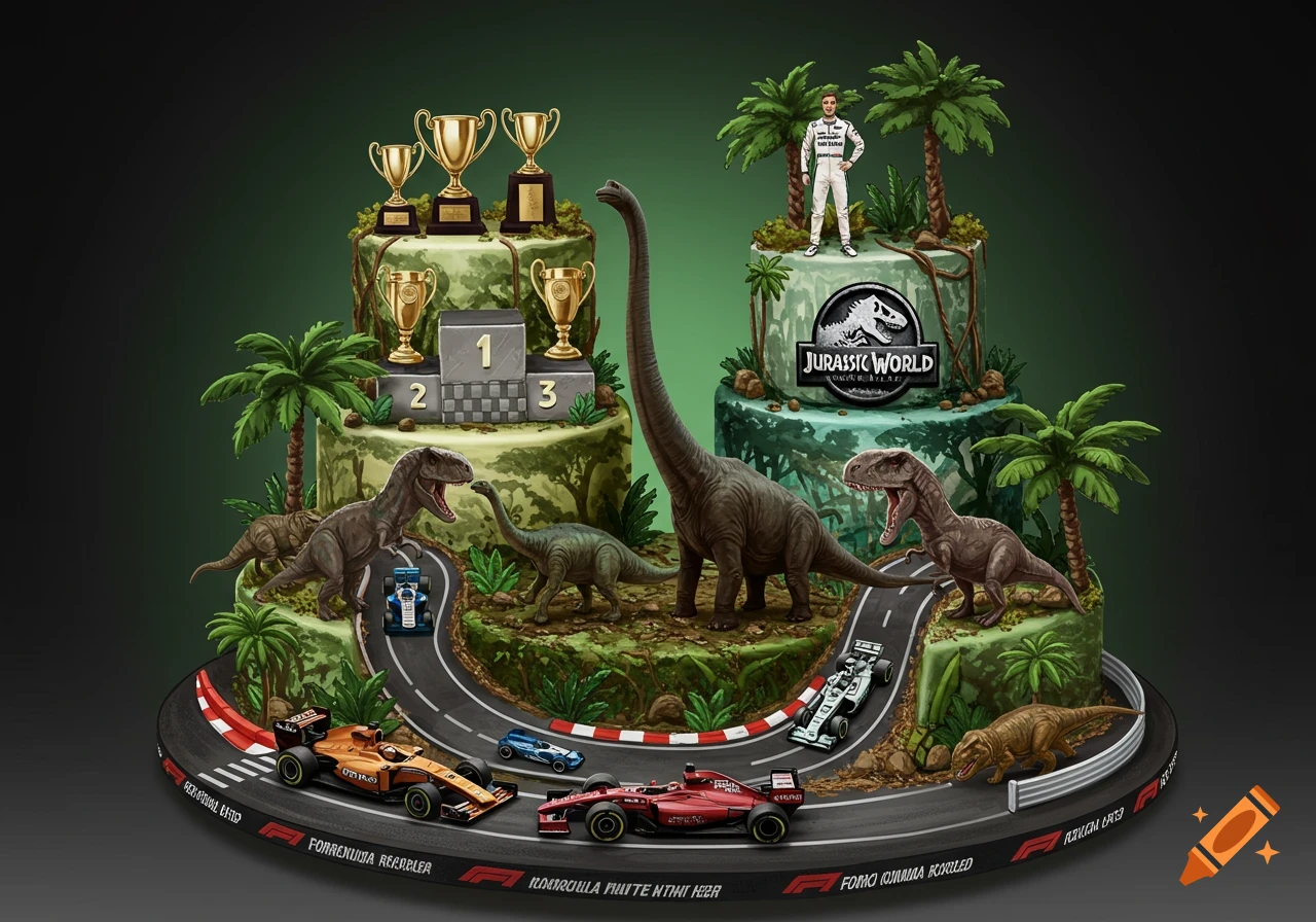 An elaborate two-tier cake featuring a Jurassic World theme on one side with dinosaurs and palm trees, and a Formula 1 theme on the other with trophy pedestals and race cars on a track base.