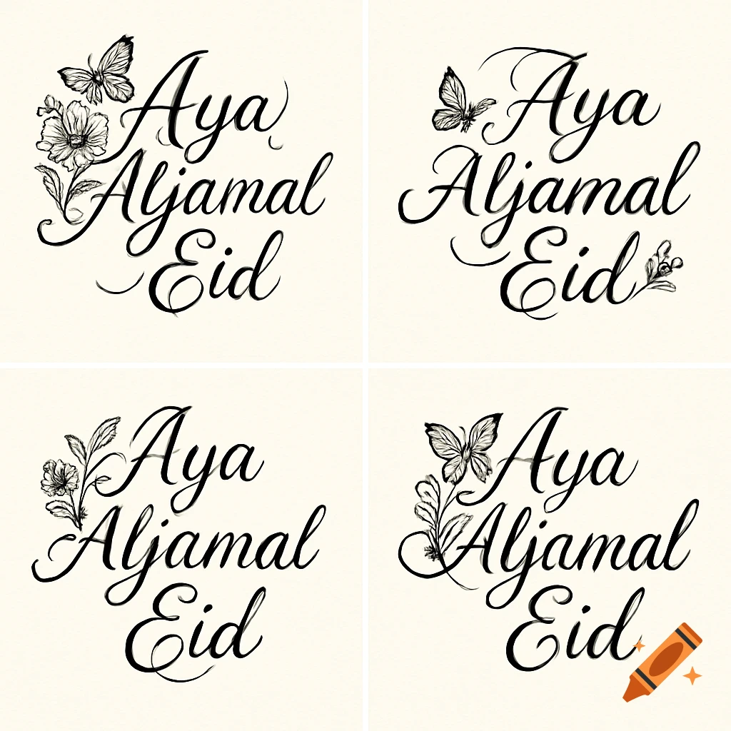 Four black and white calligraphic designs spelling 'Aya Aljamal Eid' with elegant floral and butterfly decorations.