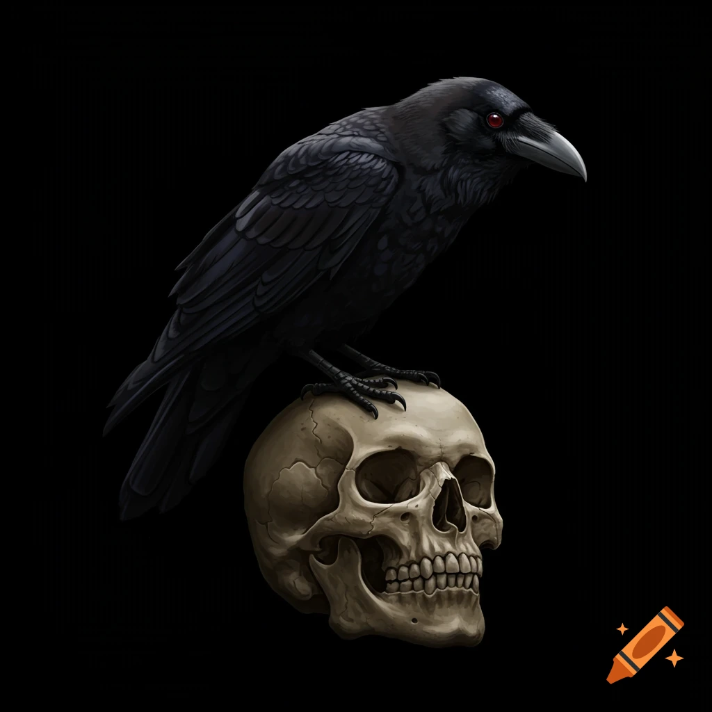 A black crow with red eyes perched on a human skull against a dark background.