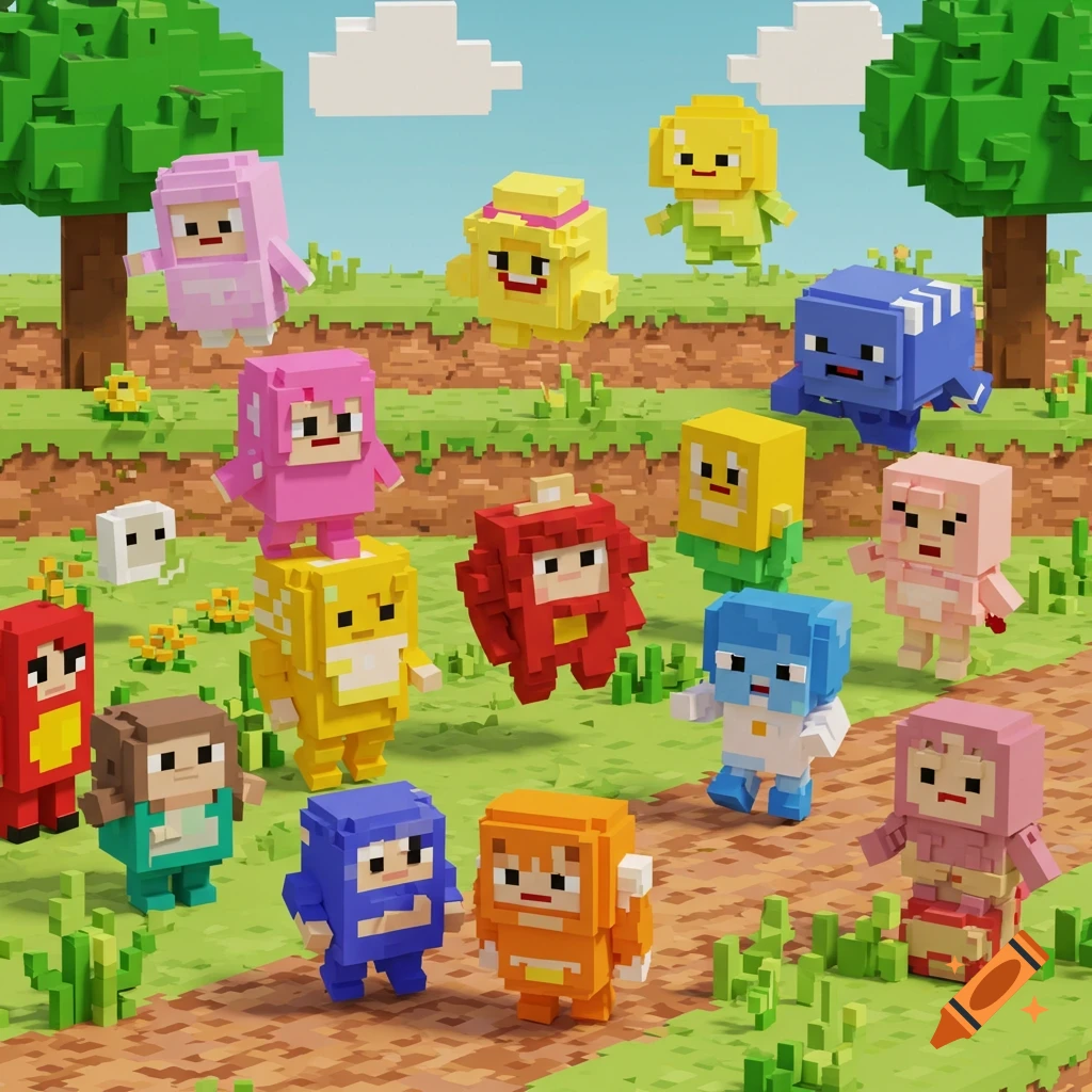 A group of colorful, blocky pixel art characters standing in a blocky outdoor landscape with trees and a dirt path.