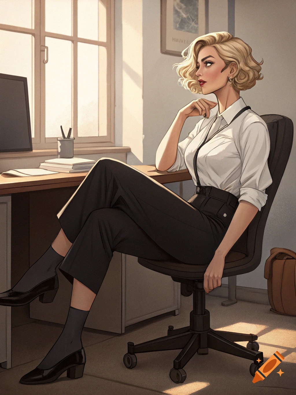 Anime-style illustration of a blonde woman in a white shirt and black pants sitting in an office chair at a desk.