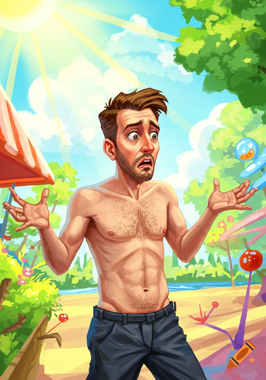 A confused, shirtless cartoon man with a beard and chest hair stands on a sunny beach.