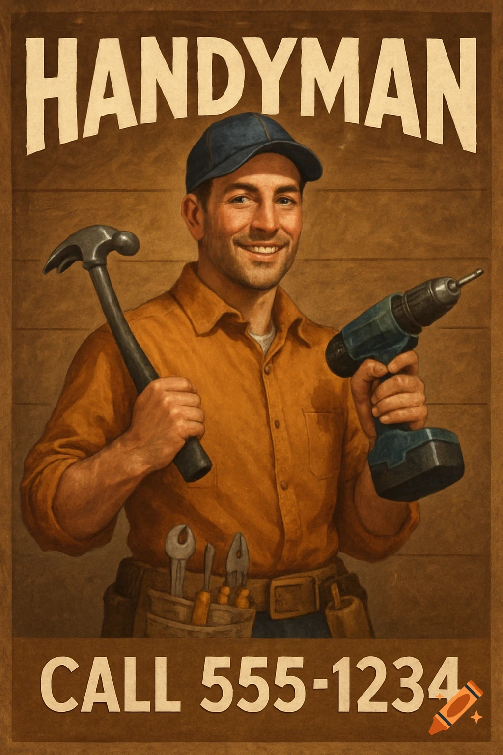 A vintage-style advertisement poster features a smiling handyman holding a hammer and a drill, with 'HANDYMAN' and 'CALL 555-1234' text.
