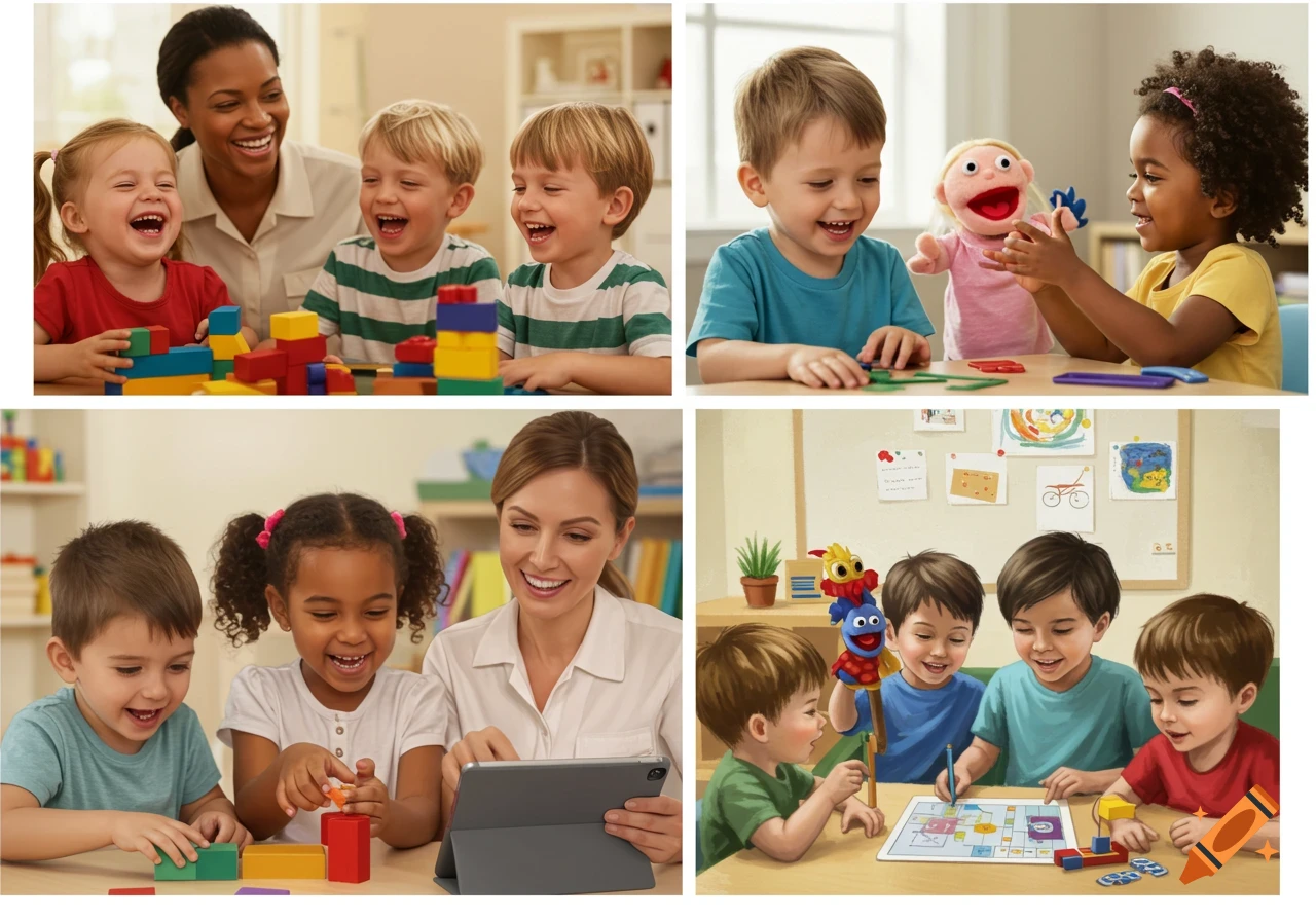Diverse children and adults engaging in play and learning activities, including building blocks, puppets, and a board game.